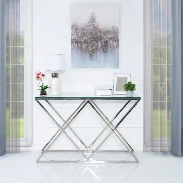 Geometric Stainless Steel Large Console Table Glass Top