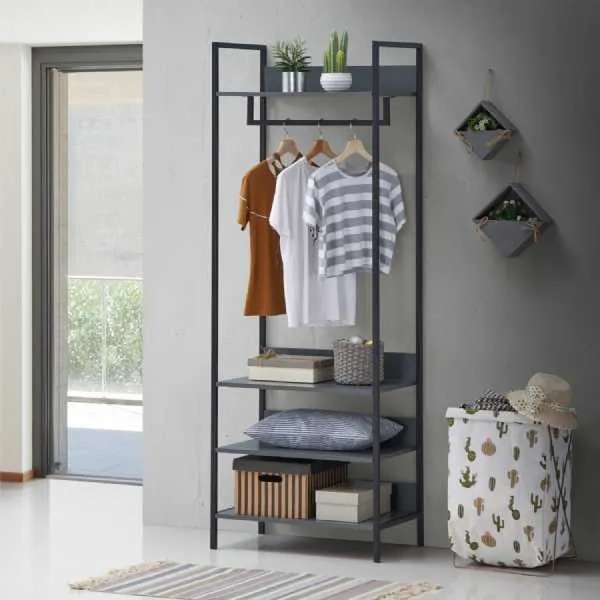 Black Metal Frame and Grey Open Wardrobe with 4 Shelves 180 x 64cm Modern Style