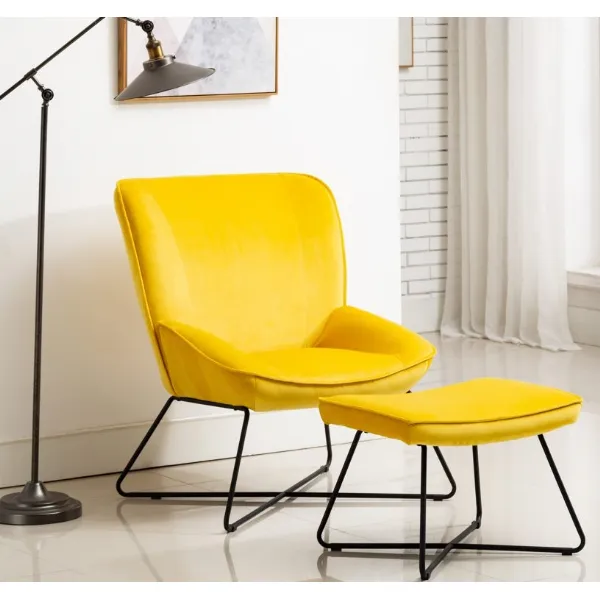 Yellow Velvet Fabric Accent Chair And Stool with Metal Legs