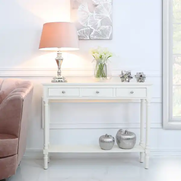 White Painted Wood 3 Drawer Console Table with Shelf