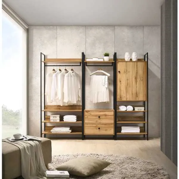 Oak Effect 3 Piece Bedroom Furniture Set Open Wardrobes Metal Outer Framed