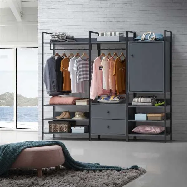 Dark Grey 3 Piece Bedroom Furniture Set Open Wardrobes Metal Outer Framed