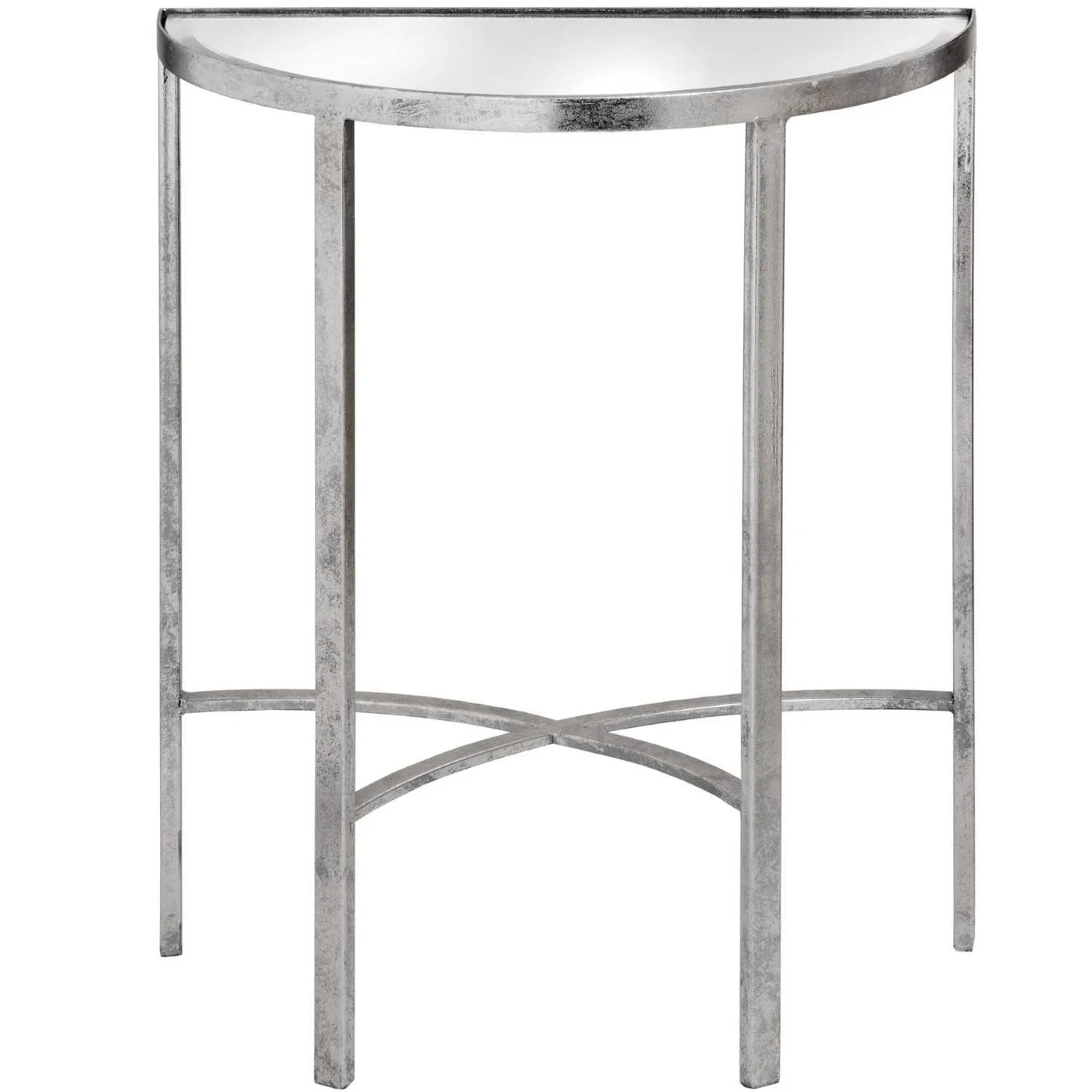 Modern Silver Finish Mirror Glass Top Half Moon Side End Table With Cross Detail 60x74cm