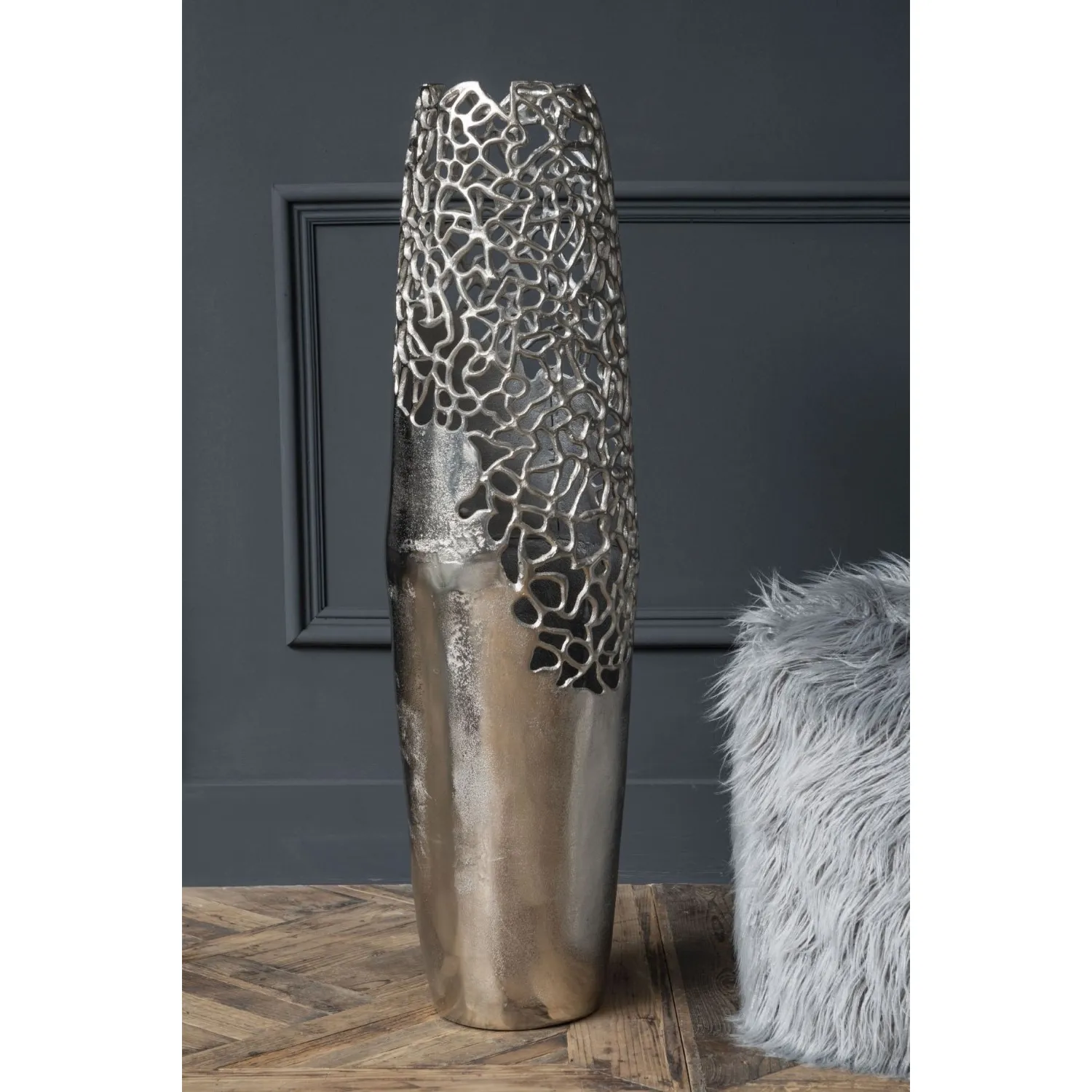 Large Tall Silver Metal Coral Effect Floor Vase