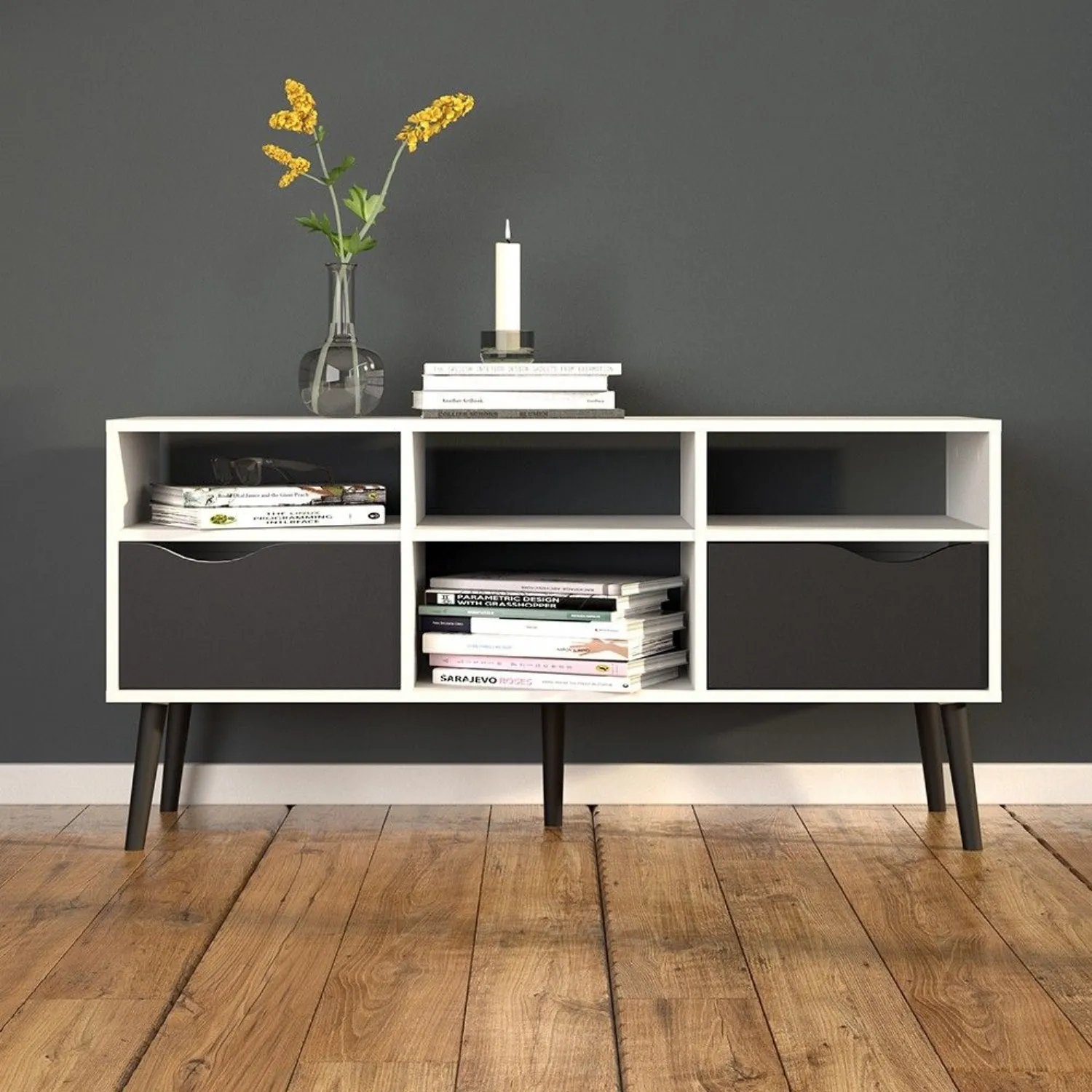 Low Wide White and Matt Black 2 Drawer TV Unit With Cut Out Handles
