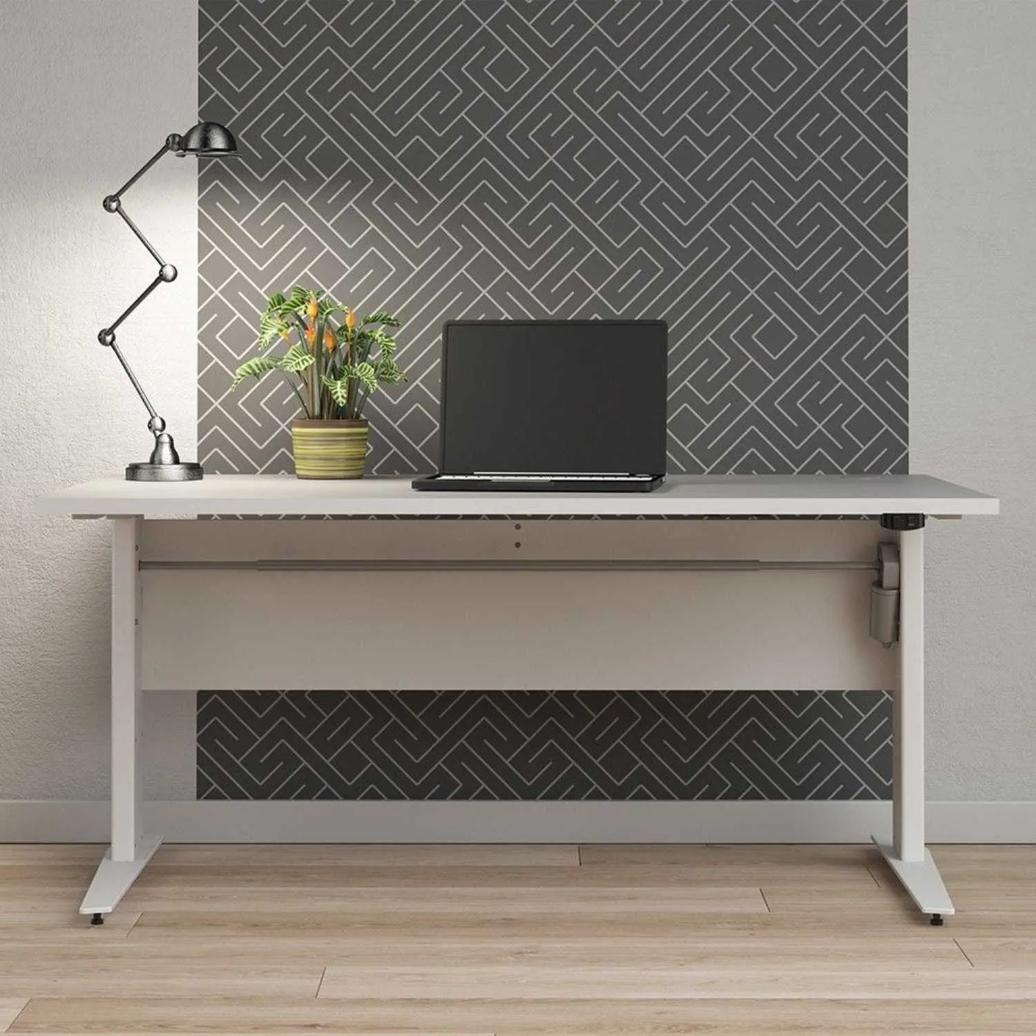 White Finish Silver Grey Steel Height Adjustable Leg Office Desk
