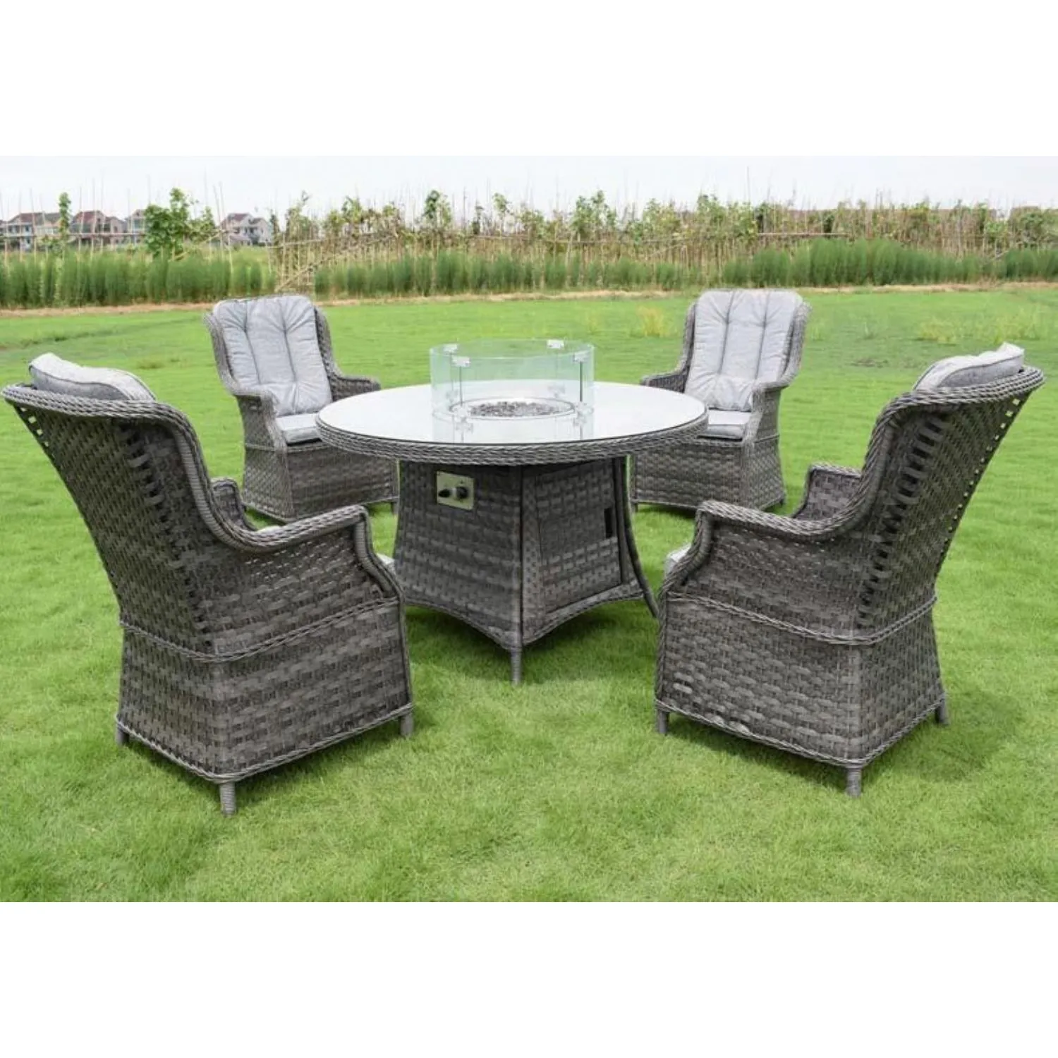 Luxury Rattan 4 Seat Round Dining Set with Fire Pit