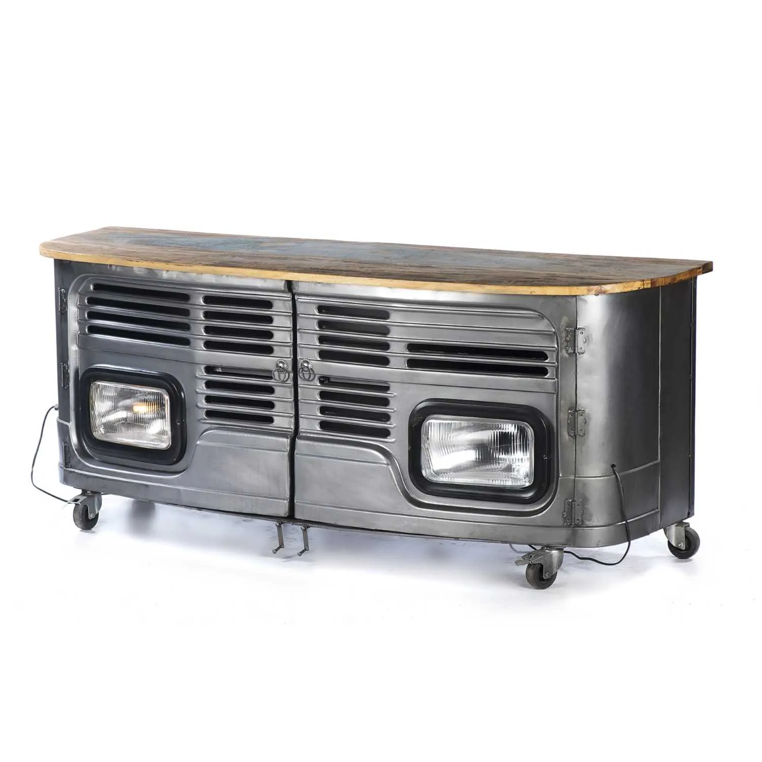 Upcycled Truck Grill Front TV Unit With Wooden Top and Headlight Lamps