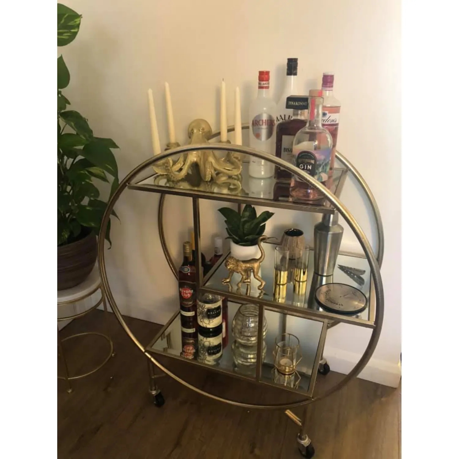 Silver Round Drinks Trolley 3 Mirrored Glass Shelves