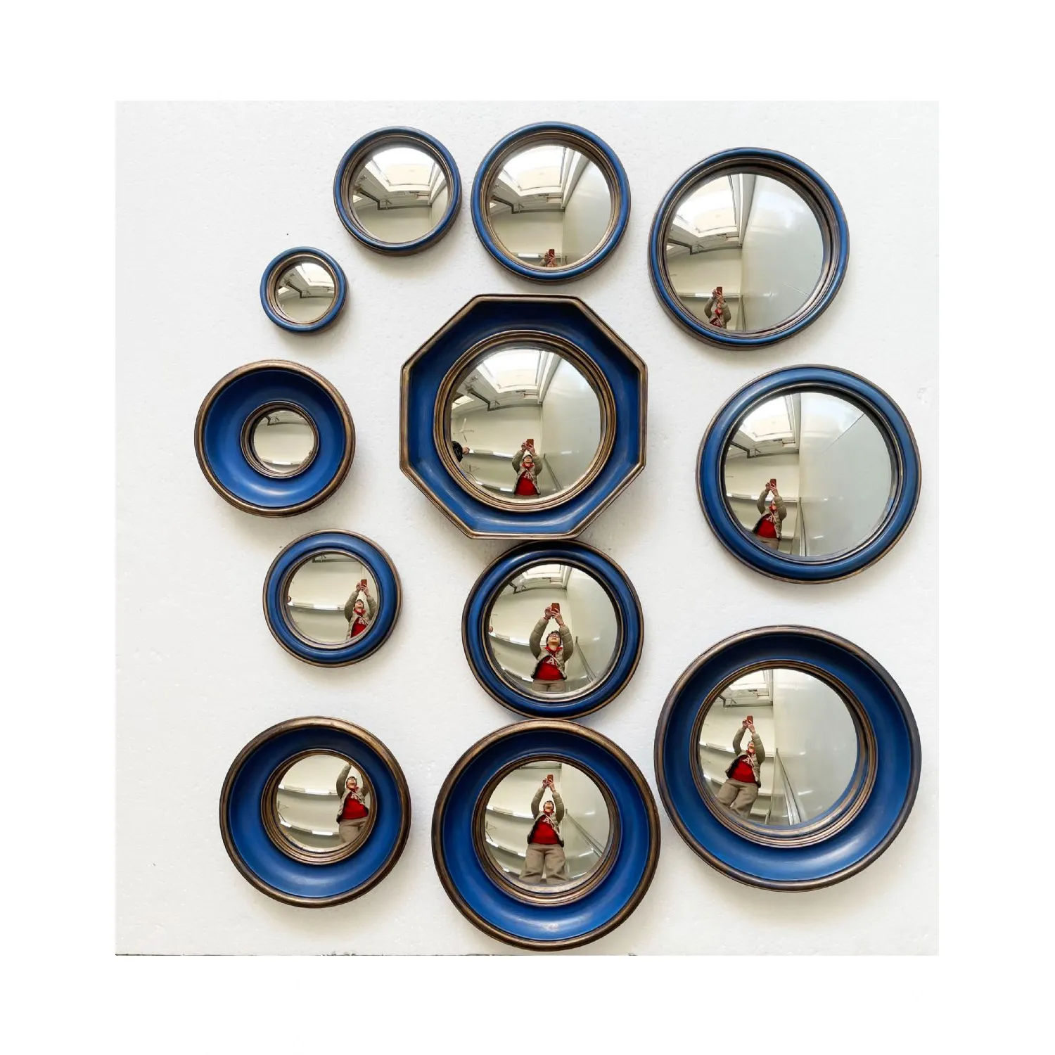 Set Of 12 Assorted Antique Blue Gold Framed Convex Mirrors