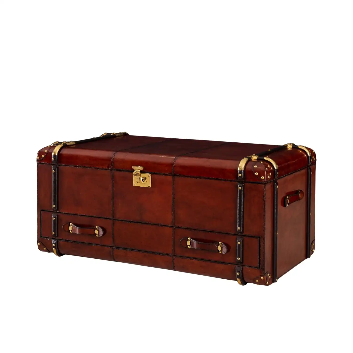 Franklin Handcrafted Leather Collection Handcrafted Leather Coffee Table Trunk With Drawer Cognac