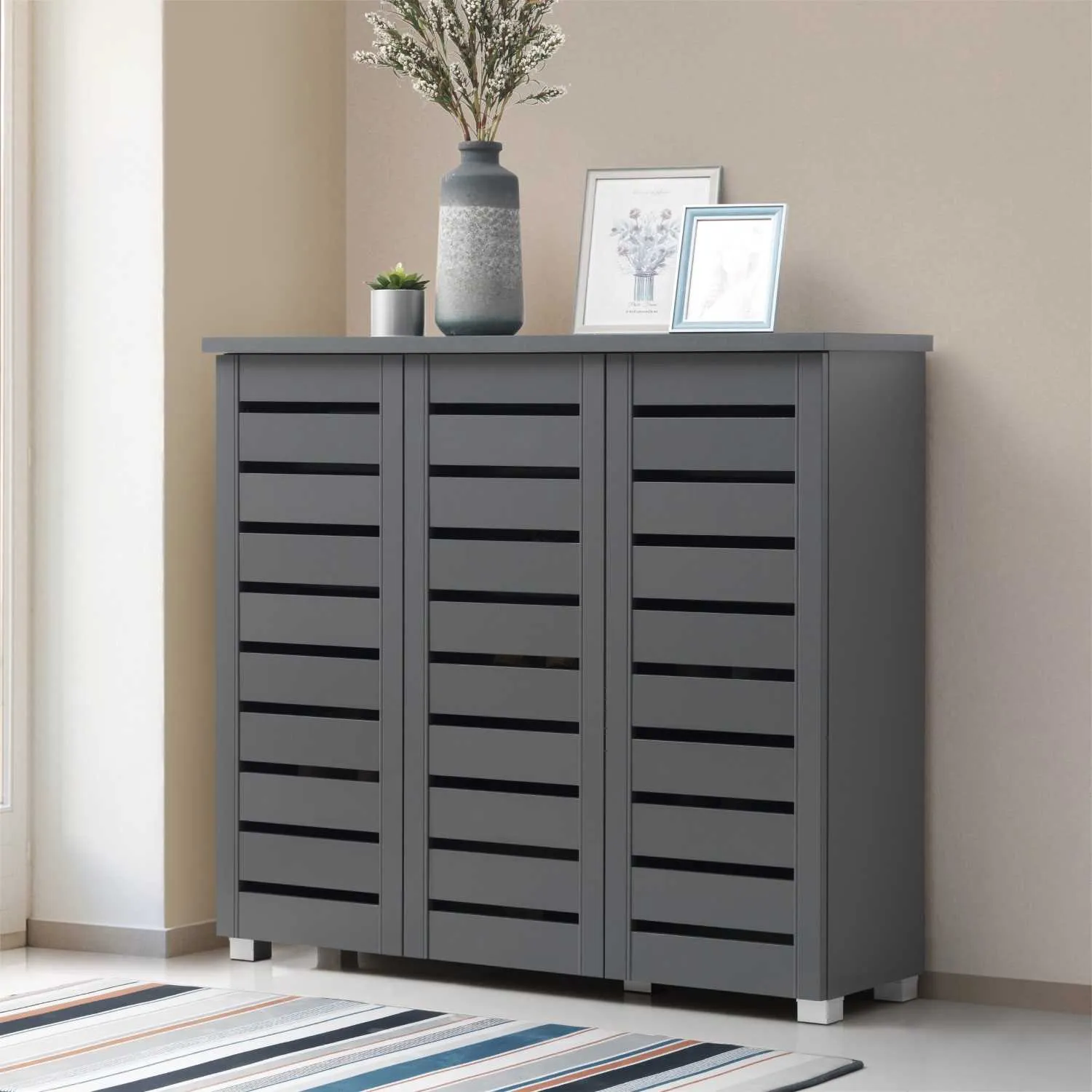 Dark Grey 3 Door Shoe Storage Cabinet Rack with 4 Shelves Panelling Fronts