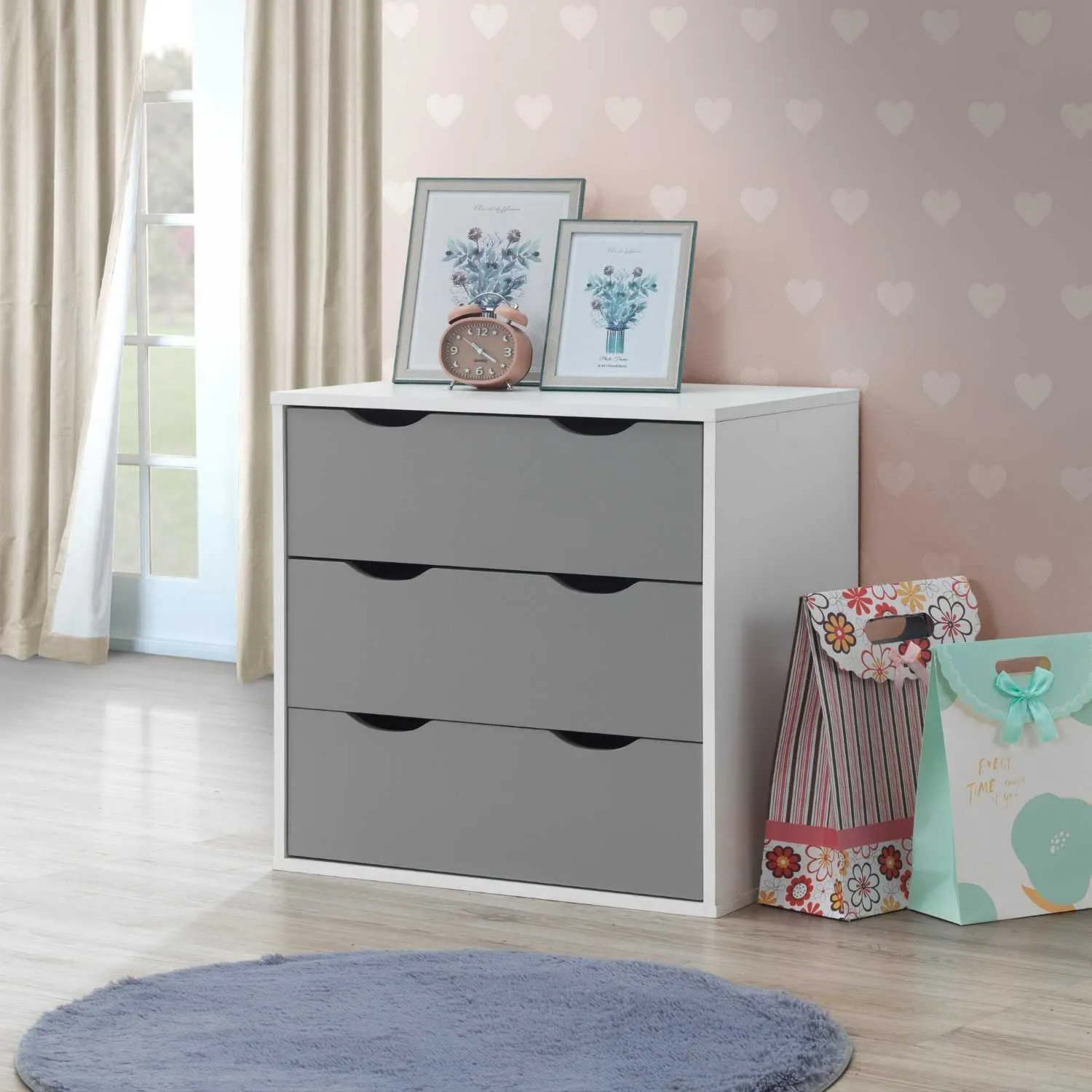 Modern Simple White and Grey Chest of 3 Drawers Cut Out Handles 59.5 X 60cm