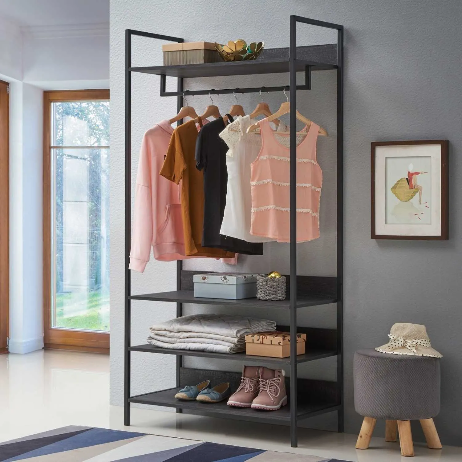 Black Finish Tall Open Wardrobe Shelving Unit Metal Outer Framed With 4 Shelves
