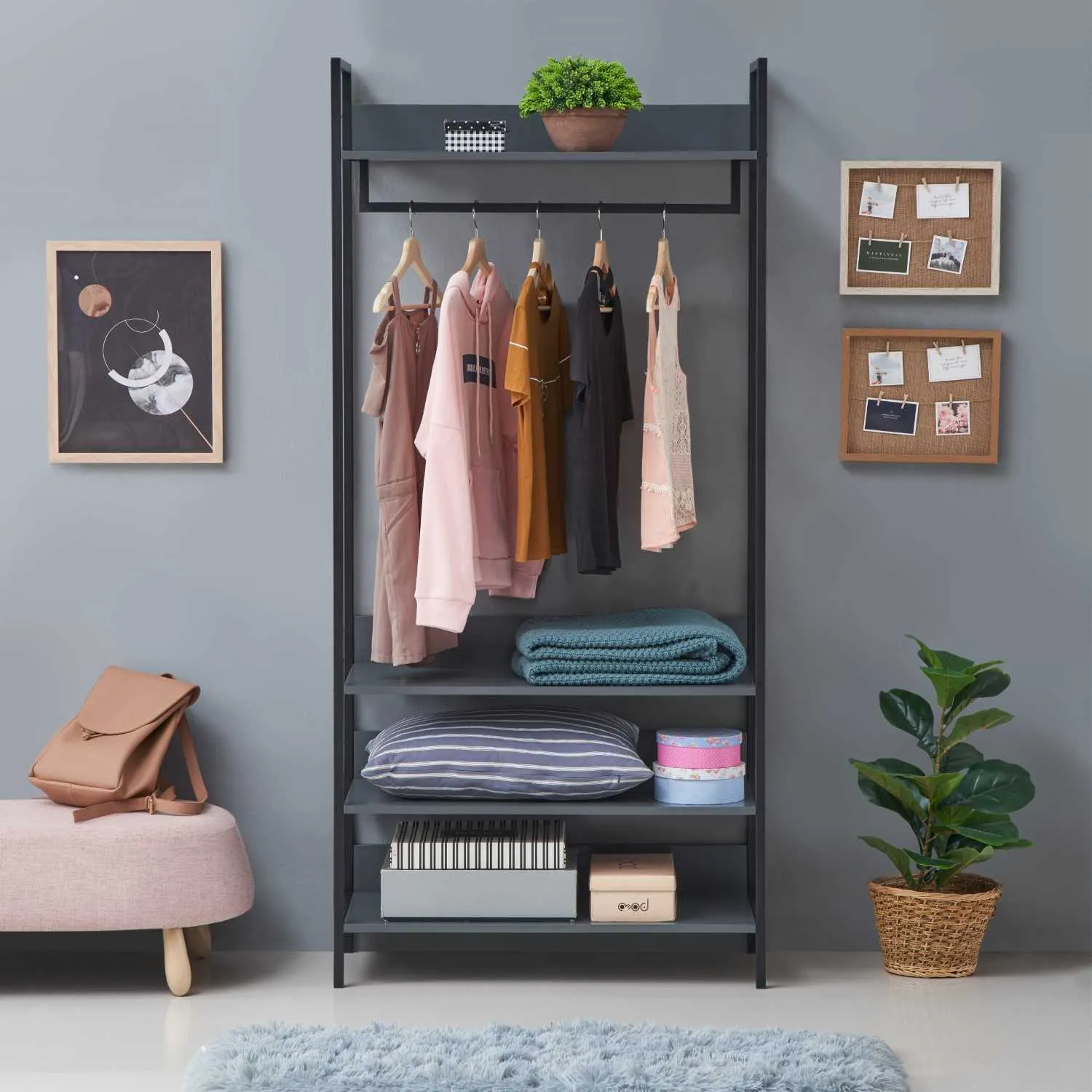 Dark Grey Effect Open Wardrobe Shelving With 4 Shelves Metal Outer Frame 180cm Tall