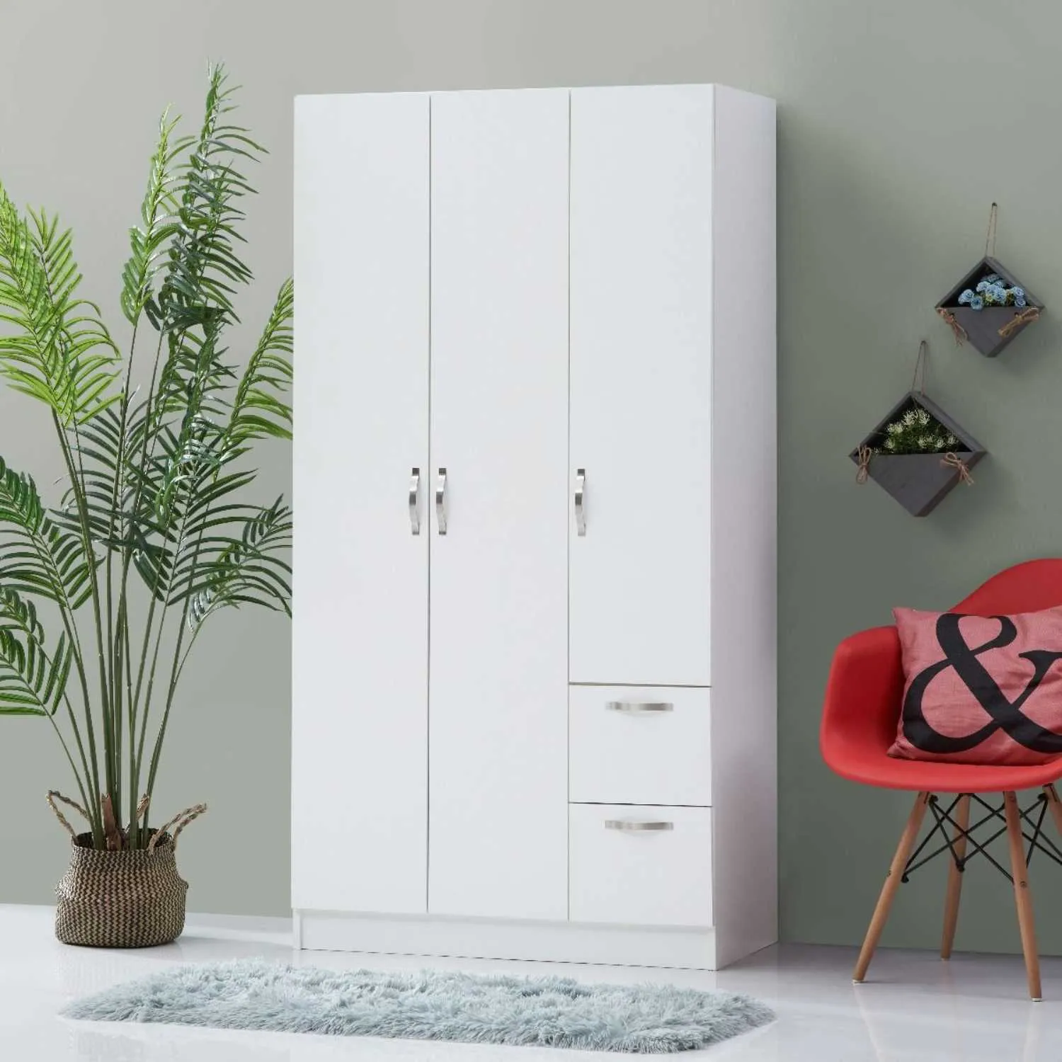 Modern 3 Door Triple Wardrobe with 2 Drawers in White Finish 180cm Tall