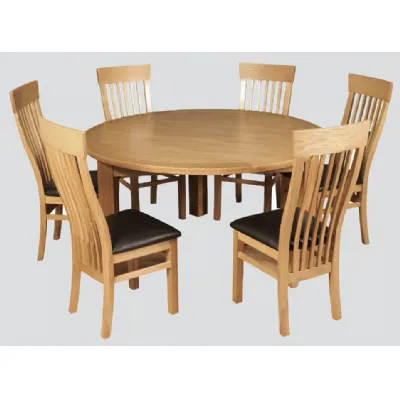 Solid Oak 150cm Round Dining Table and 6 Oak Dining Chairs