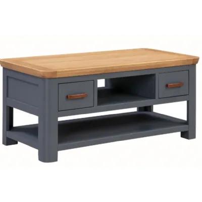 Solid Oak and Blue Coffee Table with Drawers
