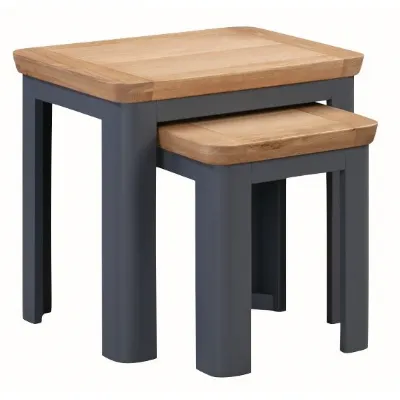Solid Oak And Blue Nest of Tables