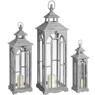 Set of 3 Grey Wooden Glass Floor Standing Lanterns With Arch Design