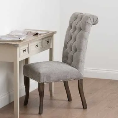 Aesthetic Grey Finish High Back Roll Top Buttoned Dining Chair With Ring Pull 105x49cm