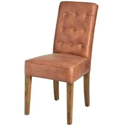 Tan Brown Faux Leather Upholstered Buttoned Back Kitchen Dining Chair On Wooden Legs