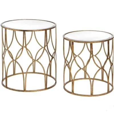 Set Of 2 Lattice Detail Antique Gold Finish Round Side Tables Glass Top Metal Base