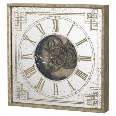 Retro Antique Gold Square Framed Wall Clock With Moving Gears Mechanism 60cm Diameter