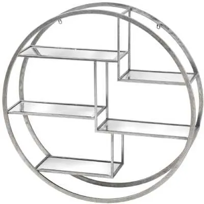Large Circular Silver Wall Hanging Multi Shelf Unit With Glass Shelves