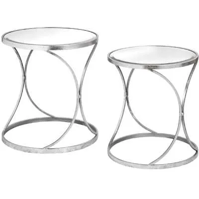 Silver Curved Design Metal Set Of 2 Side Tables With Mirrored Glass Tops