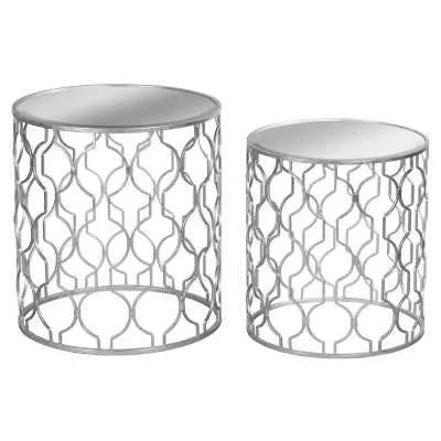 Set of 2 Arabesque Silver Foil Mirrored Glass Side Tables On Metal Bases