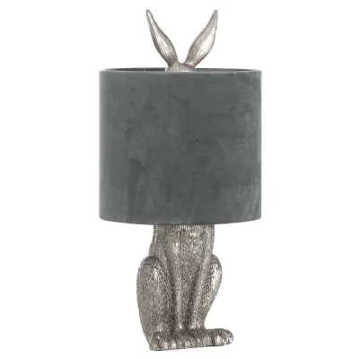 50cm Tall Silver Hare Rabbit Table Lamp With Grey Velvet Round Shade