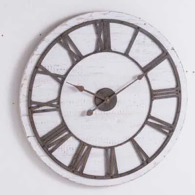 Rustic White Washed Wooden Wall Clock With Aged Roman Numerals And Hands