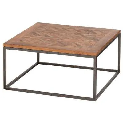 Hoxton Brown Acacia Wood Parquet Top Square Coffee Table On Black Metal Legs