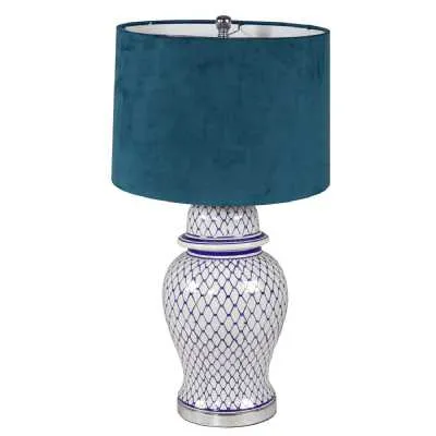 Malabar Blue And White Ceramic Lamp With Blue Velvet Shade
