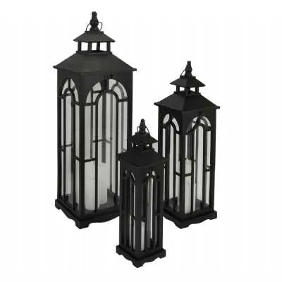 Set Of Three Black Wooden Lanterns With Archway Design