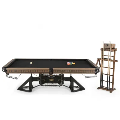 Reclaimed Wood And Metal Pool Table with Cue Rack