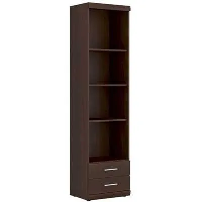 Dark Mahogany Slim Tall 2 Drawer Narrow Bookcase Cabinet Open Shelving