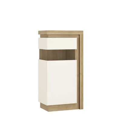 Tall Narrow Display Cabinet in Oak White High Gloss 123.6cm Tall LHD