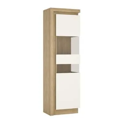 Tall Narrow Oak White High Gloss 2 Door 1 Drawer Display Cabinet RHD