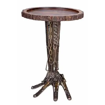 Recycled Sculptures Industrial Steampunk Wrought Iron Hand Crafted Round Side End Occasional Table 37cm Diameter