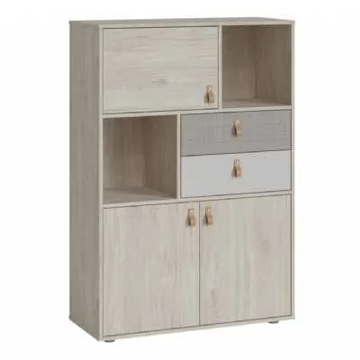 Denim 3 Door 2 Drawer Cabinet in Light Walnut, Grey Fabric Effect and Cashmere