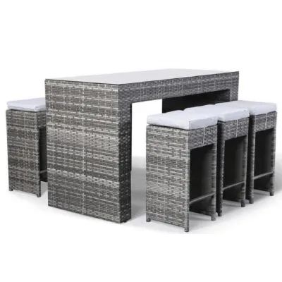 Outdoor Bar Table with 6 Bar Stools in Luxury Grey Rattan