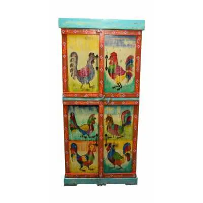 Carnival Hand Painted Vintage Rooster Folk Pattern 4 Door Tall Storage Cabinet