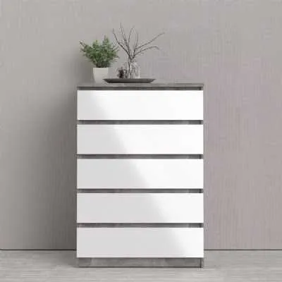 Concrete And White High Gloss 5 Drawer Chest