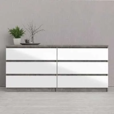 Wide Concrete Grey and White High Gloss 6 Drawer Chest
