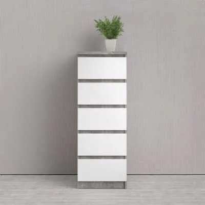 Tall Narrow Concrete And White High Gloss 5 Drawer Chest