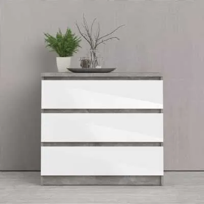Wide Concrete and White 3 Drawer Chest With Recessed Handles