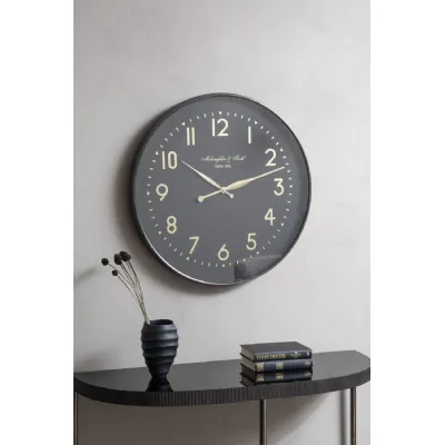 Large Black Steel Round Classic Wall Clock with Gold Numbers