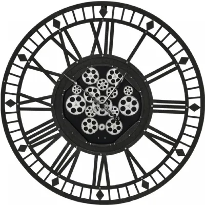 Large Grey 90cm Round Skeleton Moving Cog Wall Clock